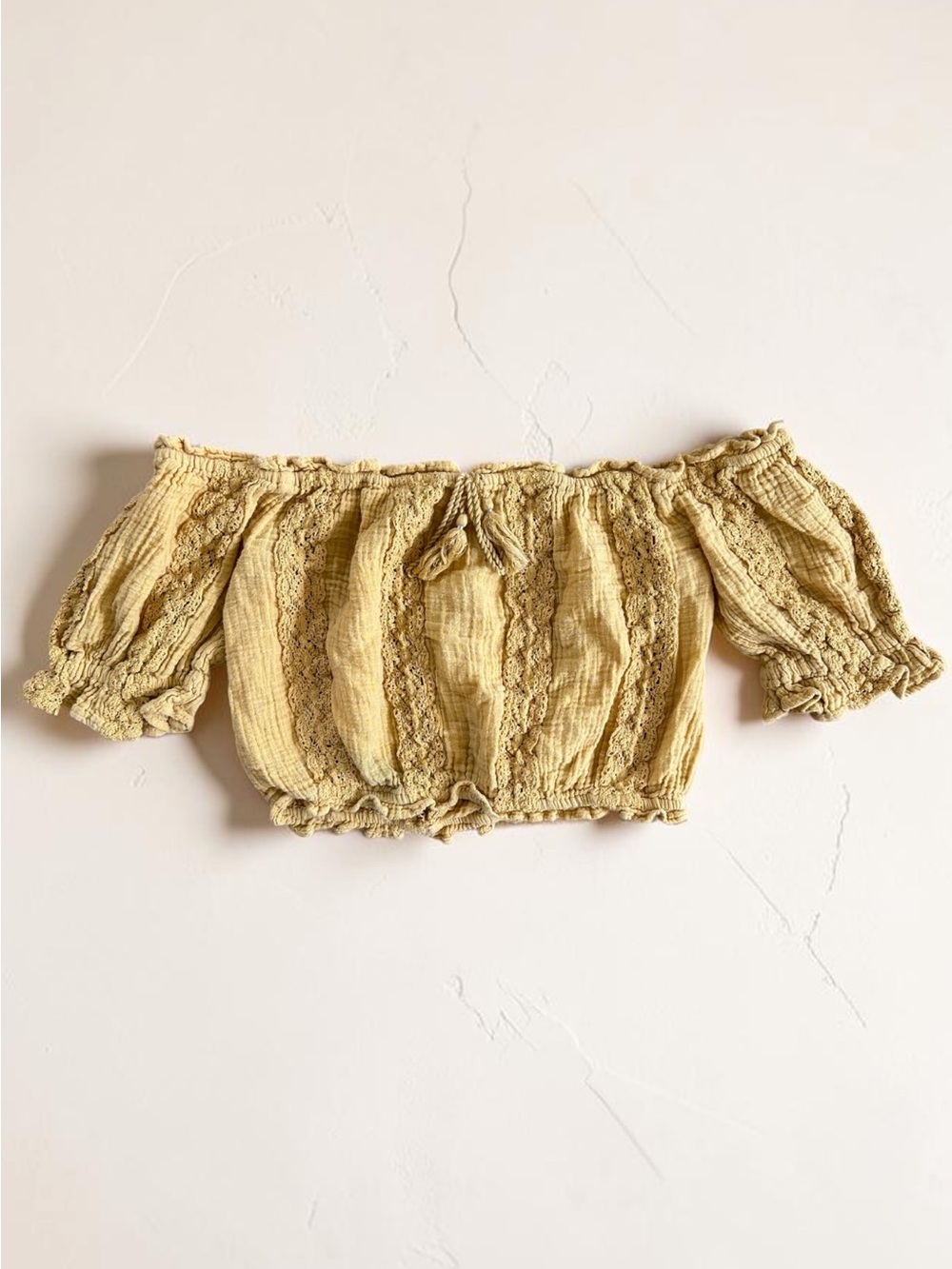 American Eagle Boho Off Shoulder Top Mustard Crochet Lace Crop Festival